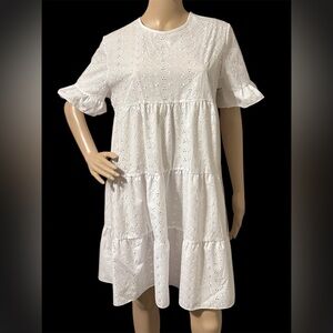 Missguided White Eyelet Mini Babydoll Dress Y2K SoftGirl Prairie Tiered Size 10